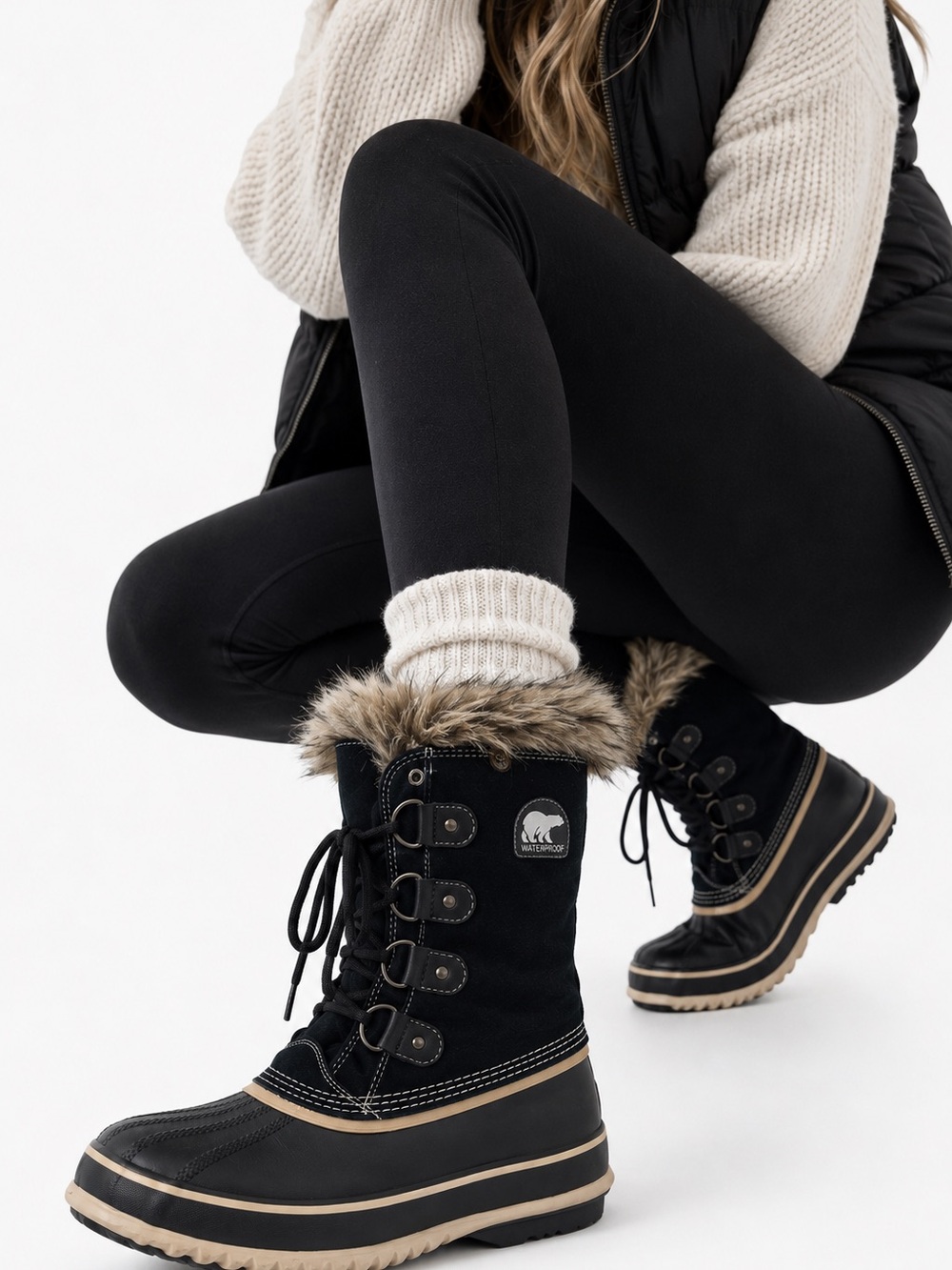 Sorel Black Fur-Trim Lace-Up Winter Boots with Tan Trim